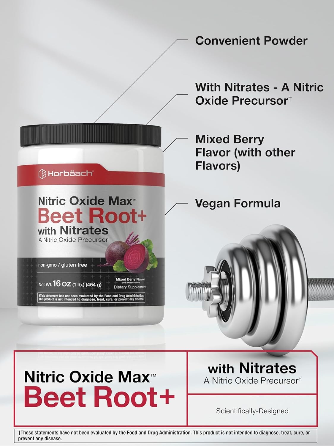 Nitric Oxide Beet Root Powder | 16 oz | Natural Mixed Berry Flavor | by Horbaach