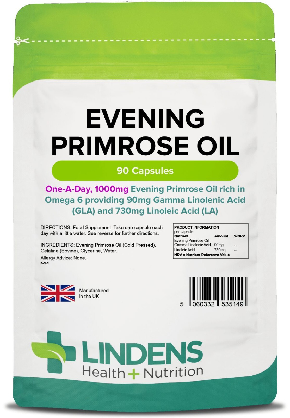 Lindens Evening Primrose Oil 1000mg 90 Capsules Vitamin E Gamma Linolenic Acid