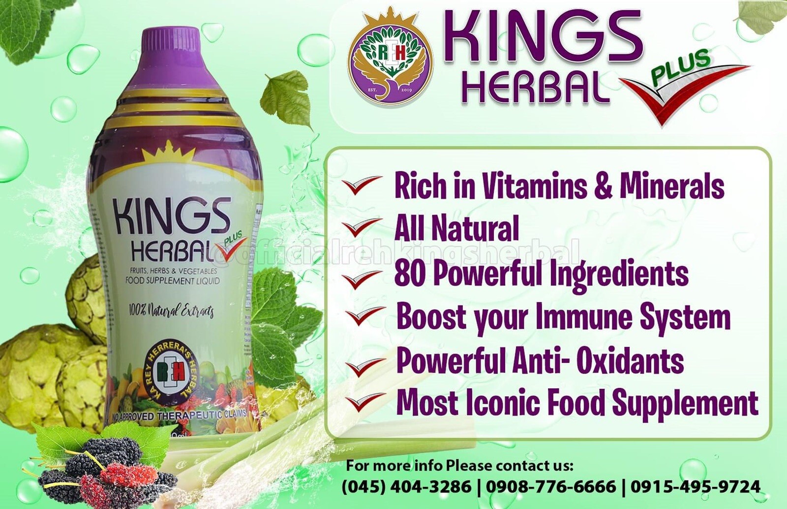 2 Bottles HERBAL PLUS Fruits Vegetables & Herb Food Supplement 1000 ml