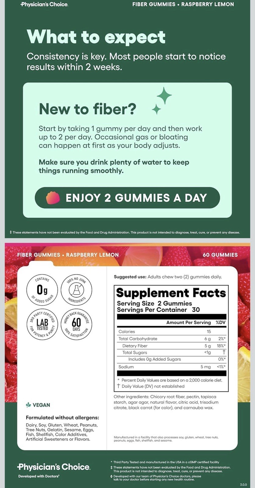 Physician’s Choice Fiber Gummies Digestive Support Vegan Raspberry Lemon 60
