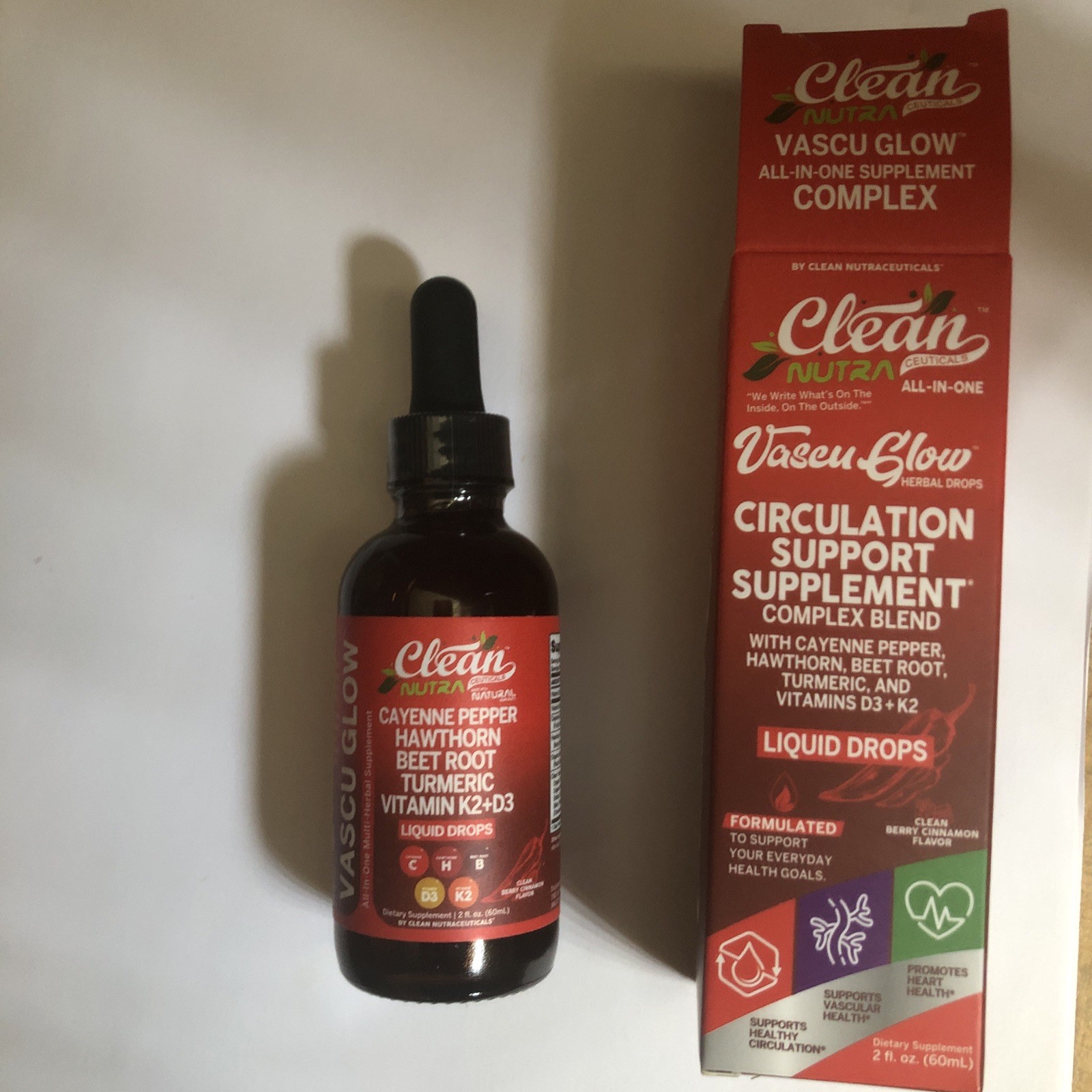 Clean Nutra Vascu Glow Circulation Drops D3 + K2 Cayenne Berry Cinnamon 2 fl oz