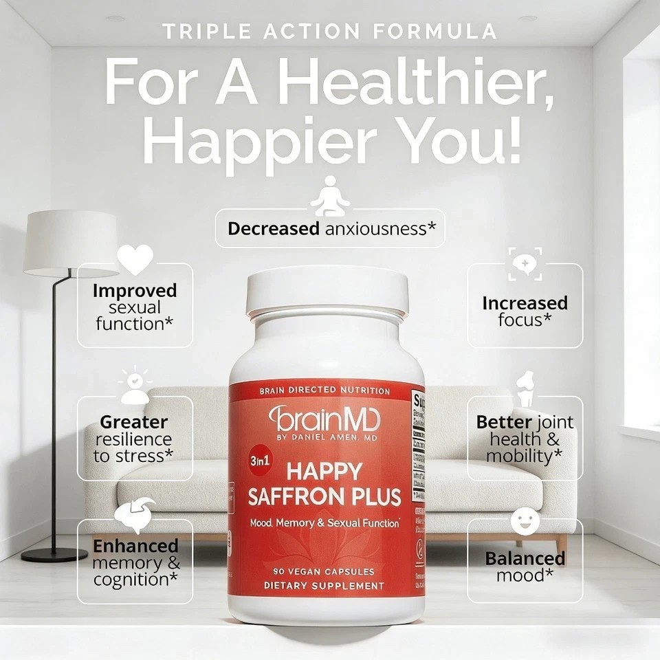 Three PACK BrainMD Happy Saffron Plus with Saffron Flower Extract Curcumin &