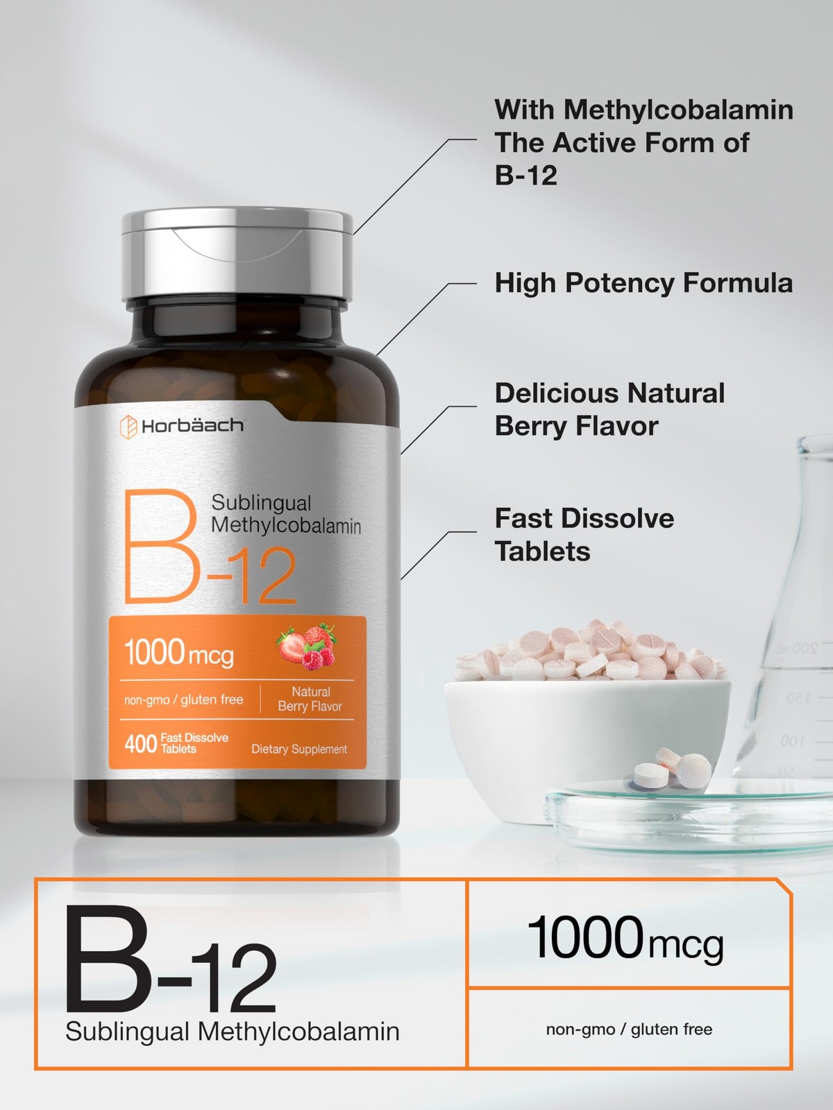 Horbaach Vitamin B12 1000 mcg Sublingual | 400 Fast 400 Count (Pack of 1)