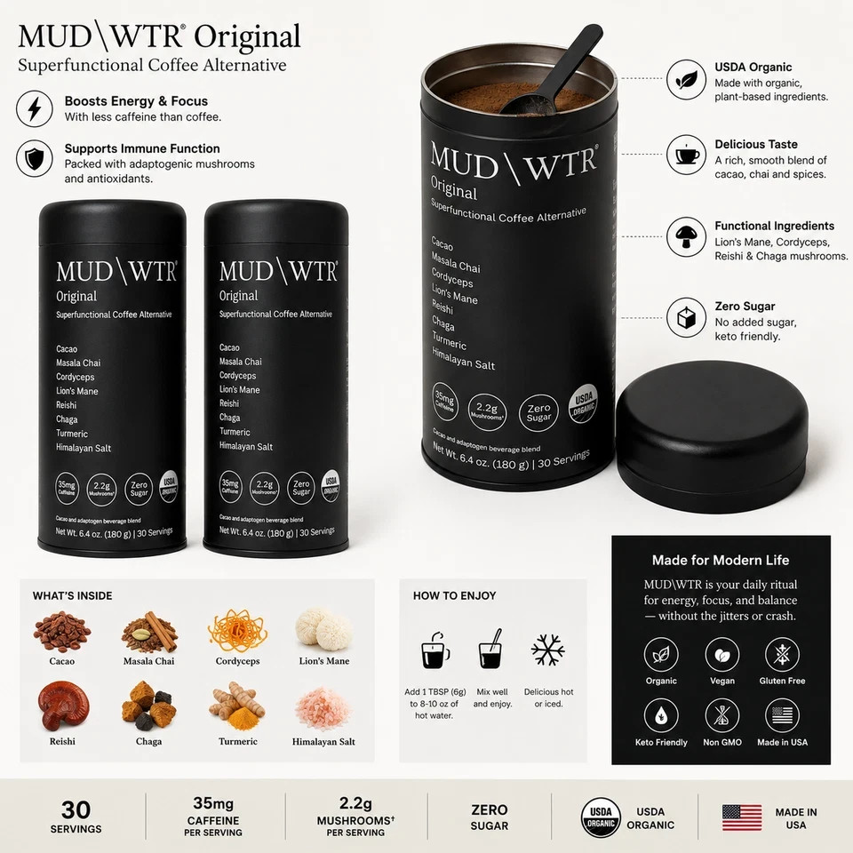 MUDWTR Original Organic Coffee Alternative 2-Pack | 30 Servings Each | Vegan
