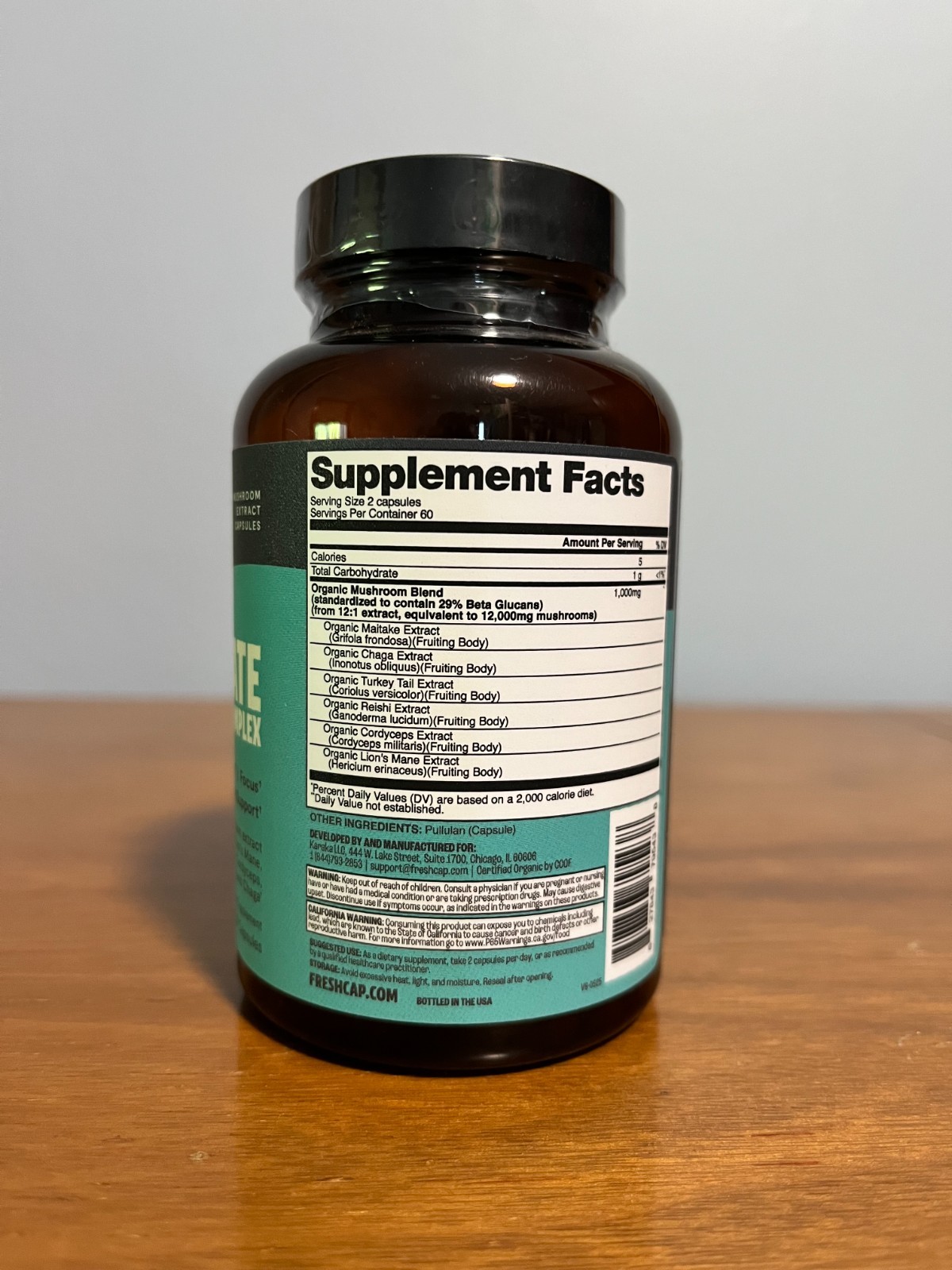 FreshCap Ultimate Mushroom Complex Capsules Lion’s Mane Chaga Reishi Vegan 120ct