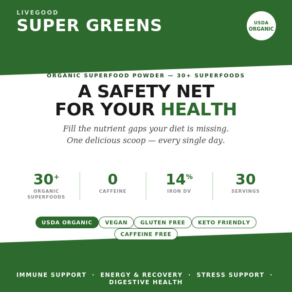 USDA Organic Super Greens Superfood Powder Spirulina Ashwagandha 30sv big canist