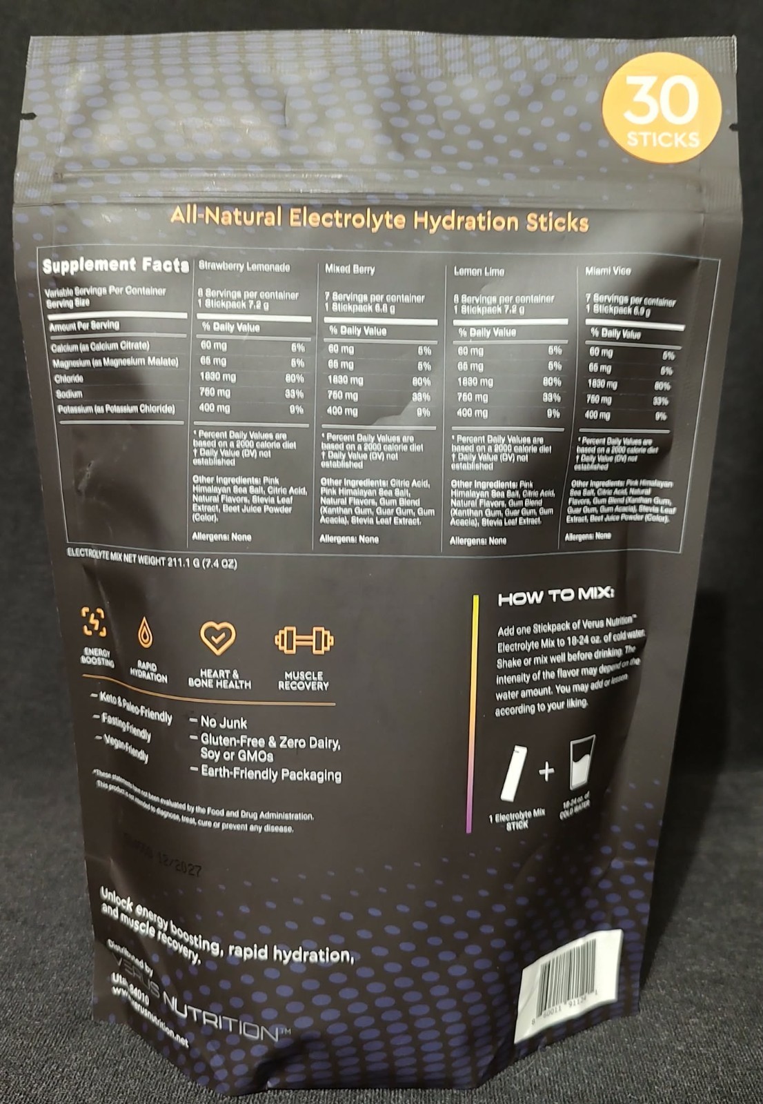 Verus Nutrition Electrolyte Drink Mix Powder, Variety Pack, 30 Sticks