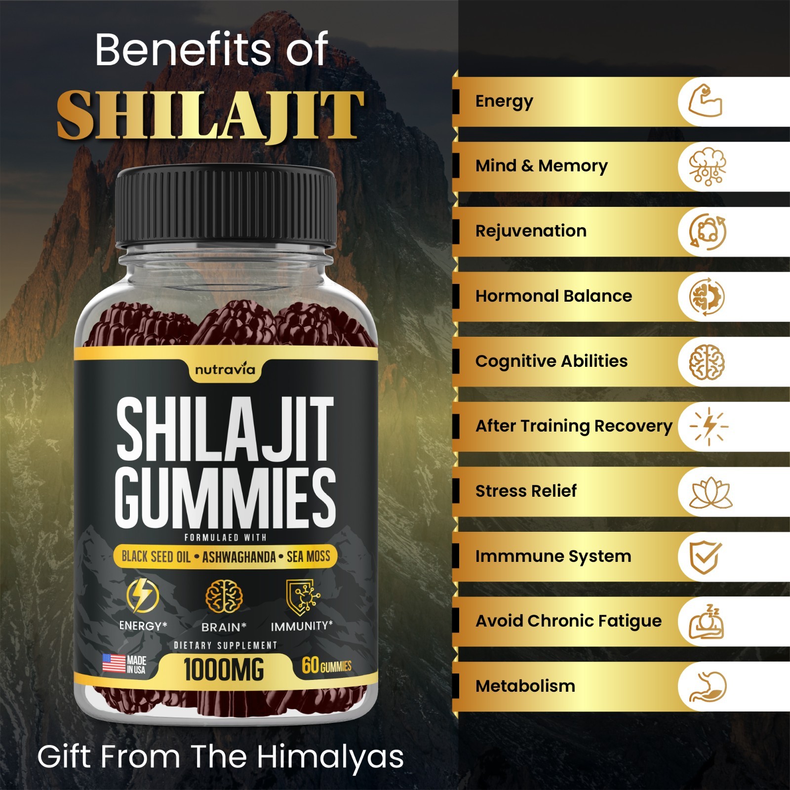 Shilajit Gummies – 3 in 1 with Sea Moss, Black Seed Oil, Ashwagandha Gummies