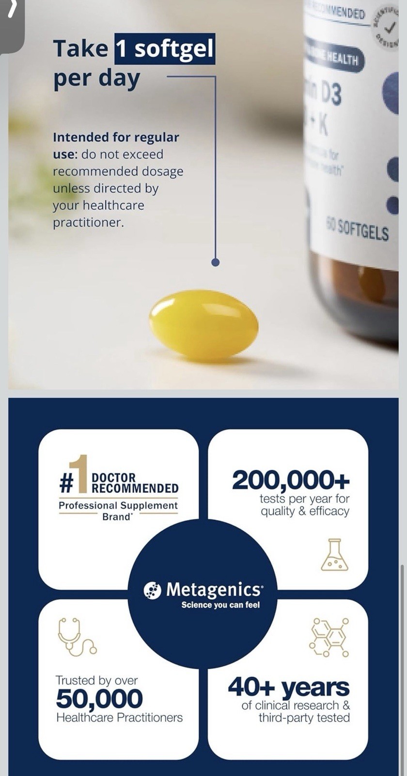 Metagenics Vitamin D3 5000 IU + K 60 Softgels Non-GMO Gluten-Free Dairy-Free
