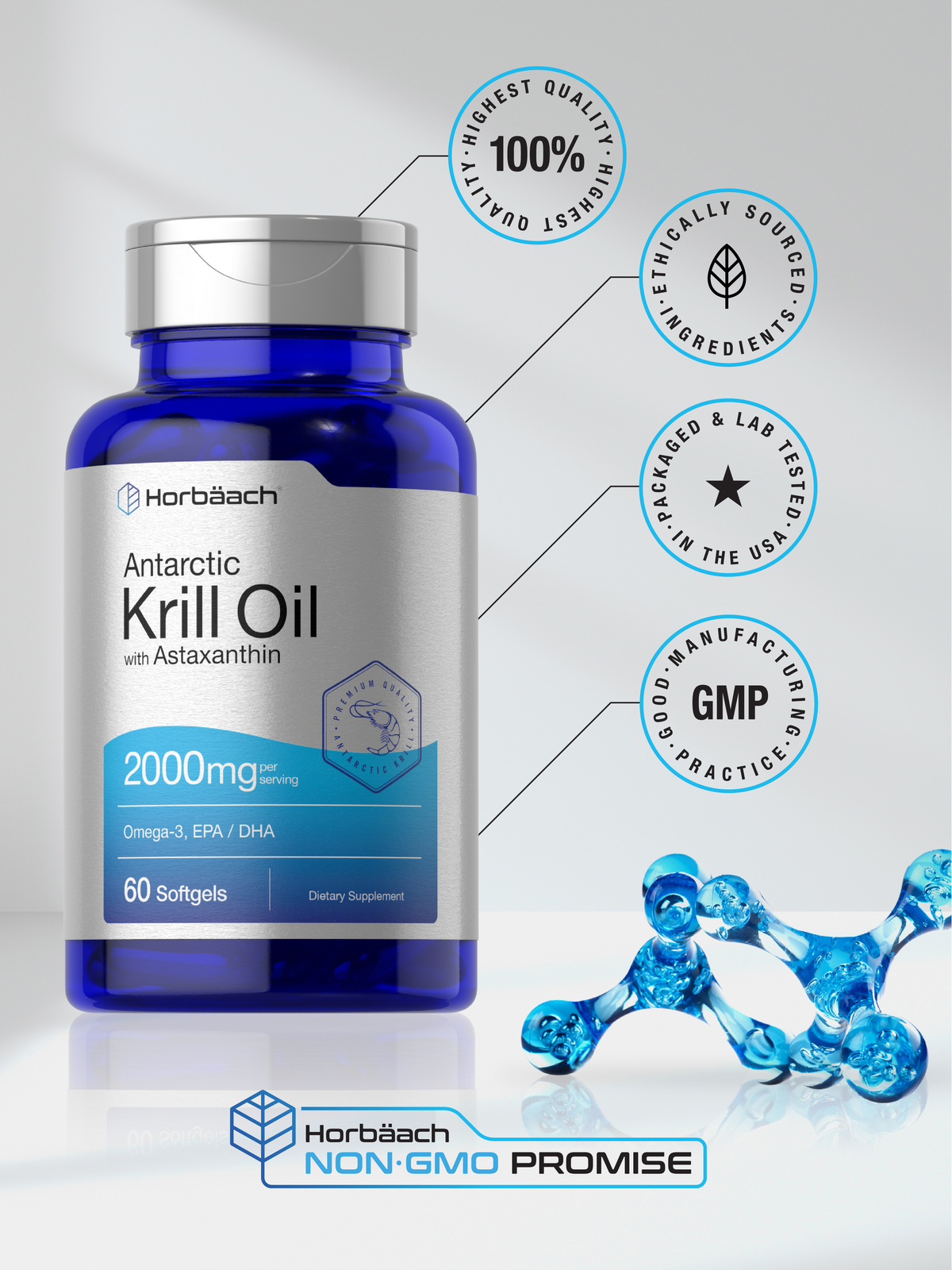 Horbaach Krill Oil 2000mg | 60 Softgel Capsules | Omega 3, EPA, DHA, Astaxanthin
