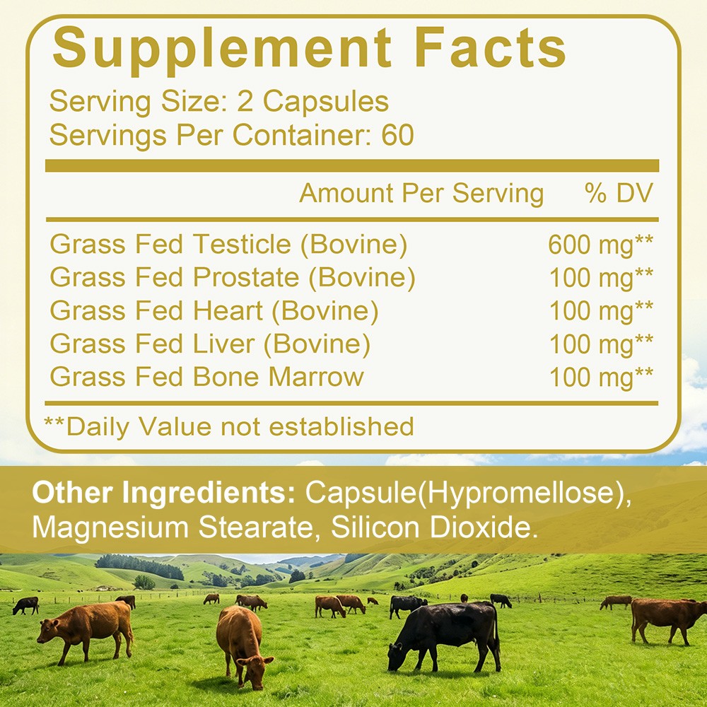 Grass-Fed Beef Organs for Men-More for Energy, Stamina&Male Health 30/60/120Caps
