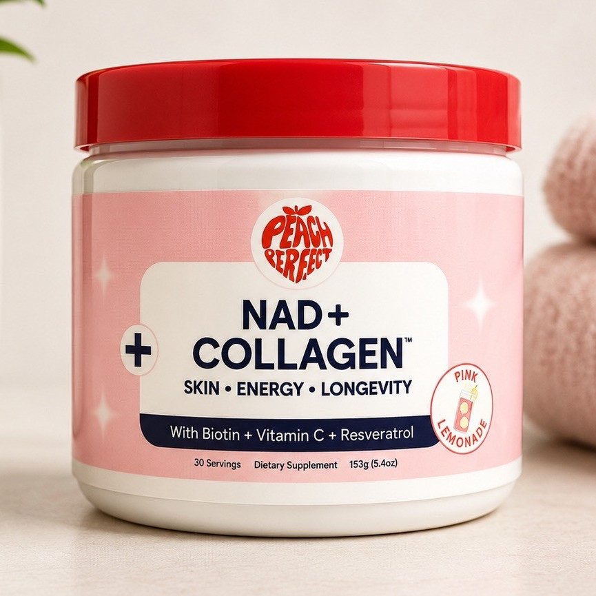 Peach Perfect NAD+ Collagen Powder Pink Lemonade Biotin Vit C 30 Sv 5.4 oz