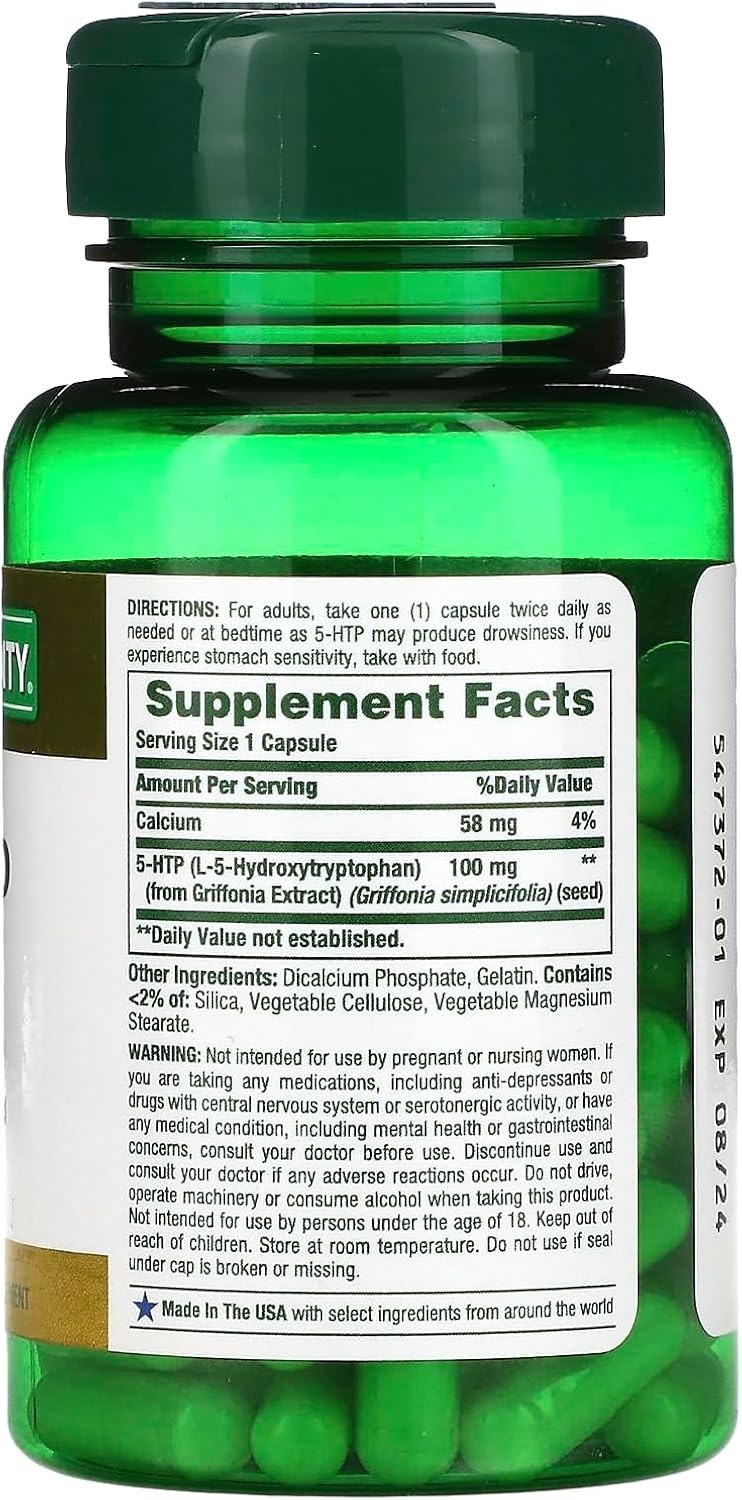 Relaxed Mood & Wellness – Nature’s Bounty 5-HTP 100mg Supplement, 60 Capsules