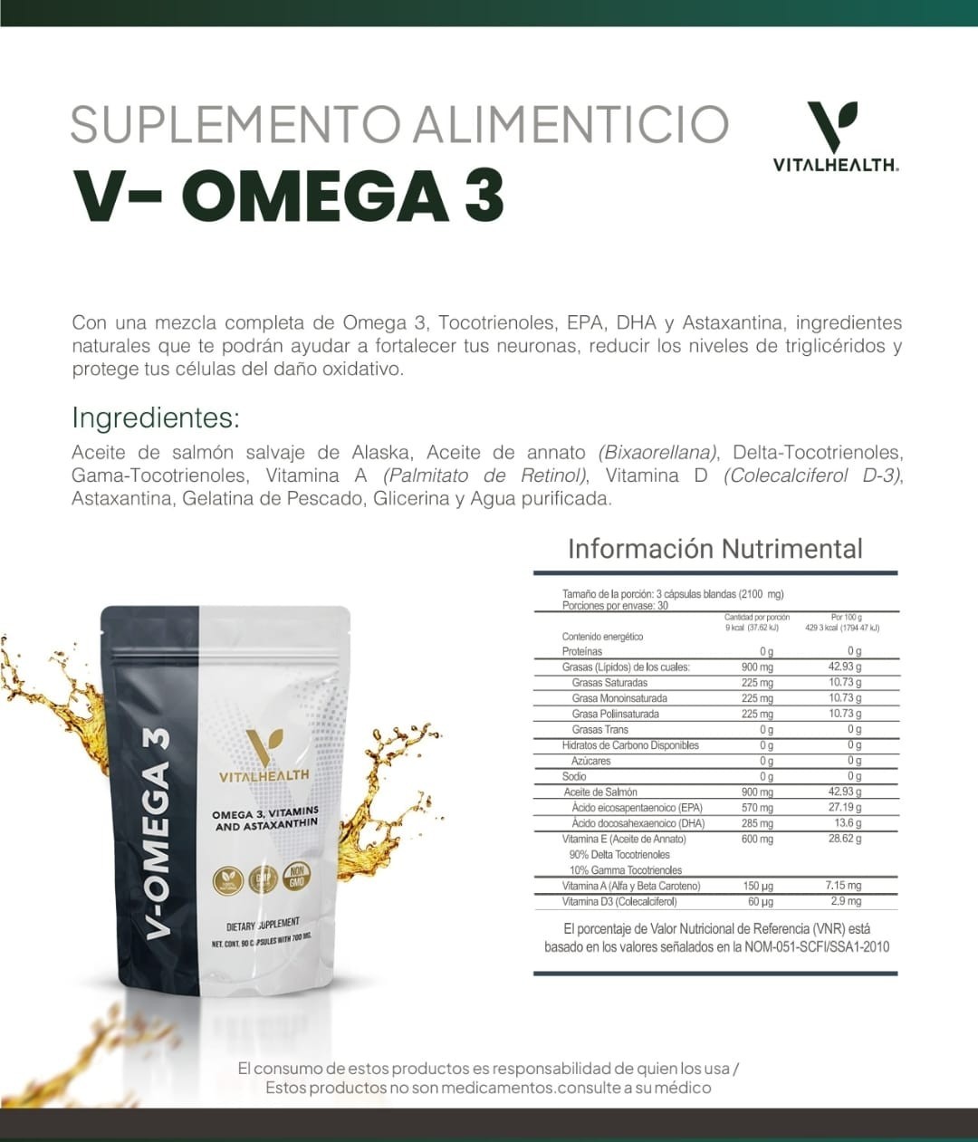 VITAL HEALTH V-OMEGA 3 Vitamins 90 Capsules Free Shipping