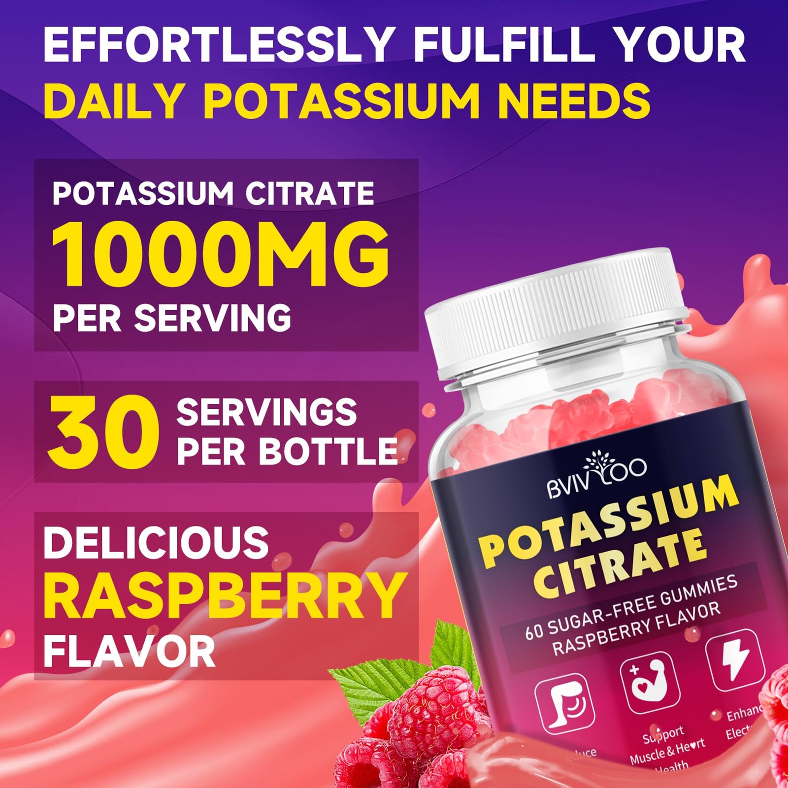 Potassium Citrate Gummies for Adults, Sugar-Free Potassium 1000mg Support Leg Cr