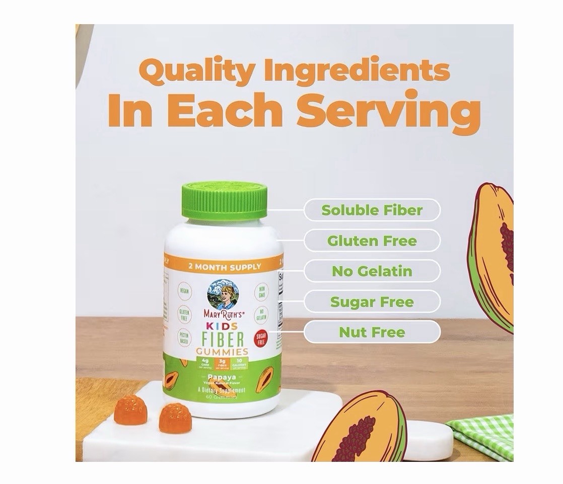 MaryRuth’s Kids Fiber Gummies Papaya, Digestive Support, Vegan Sugar Free 60ct