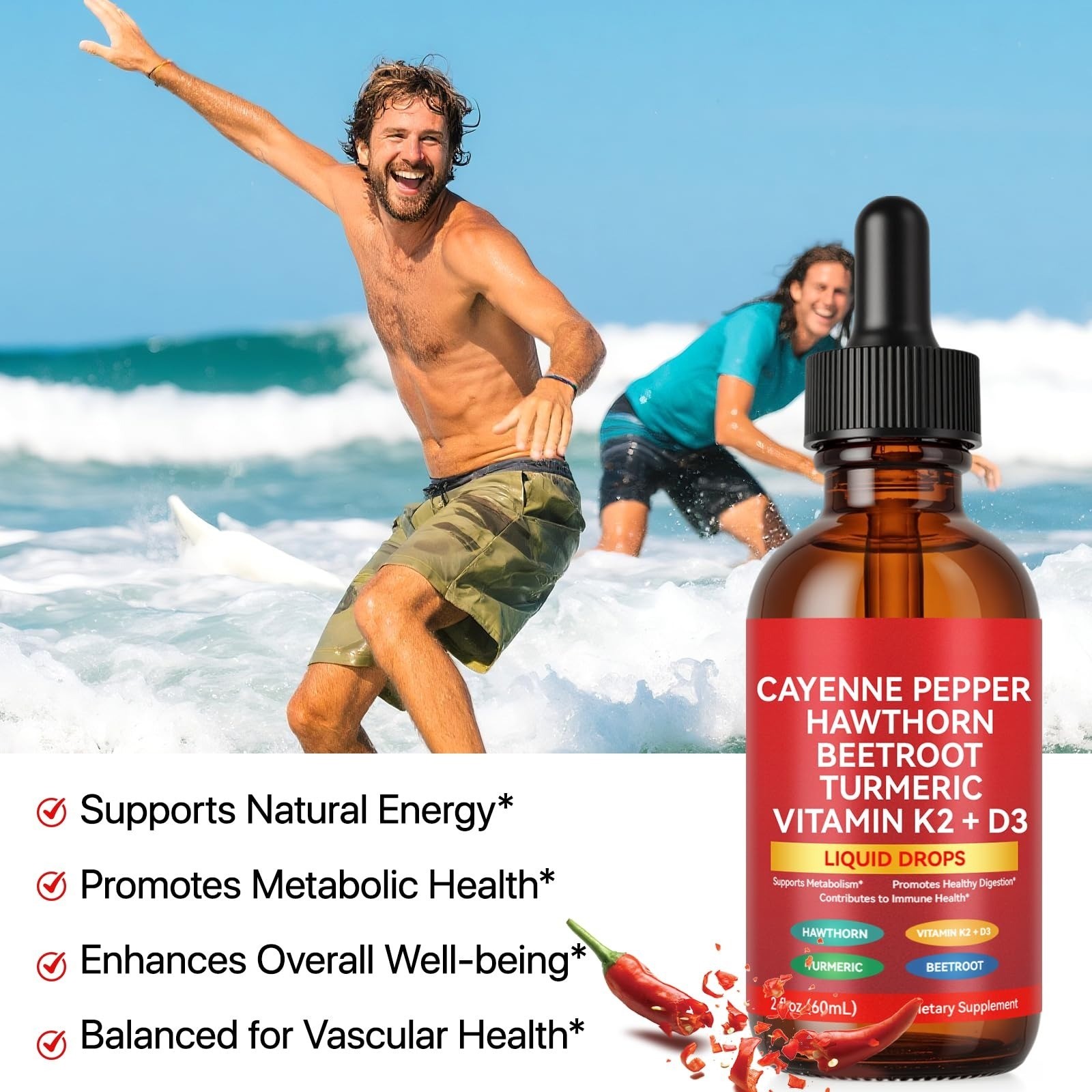 ZIXAOK Cayenne Pepper Liquid Drops with Hawthorn, Vitamin K2 & D3