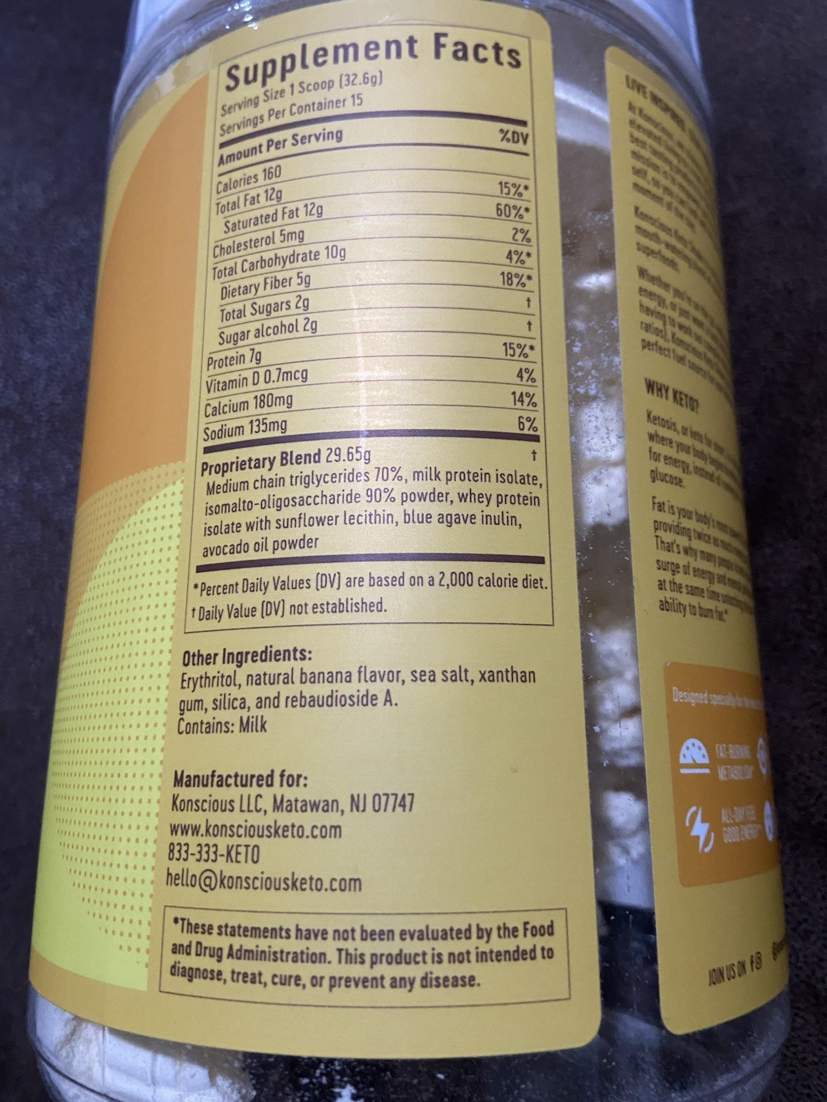 Konscious Keto Protein Shake • MCT + Whey Isolate + Milk Isolate Protein •Banana