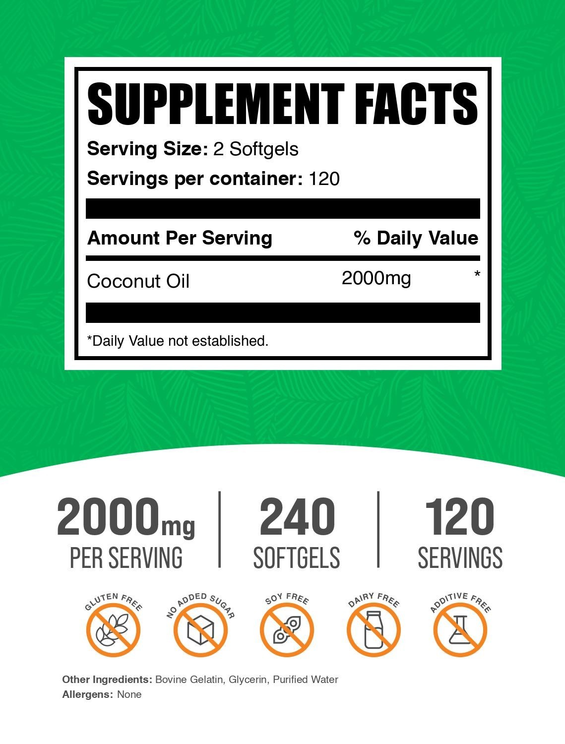 BulkSupplements Coconut Oil – 240 Softgels – 2000 mg Per Serving