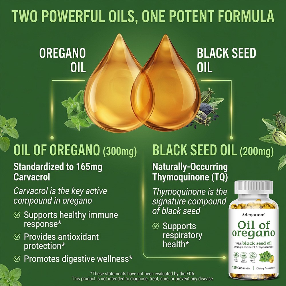 Oil of Oregano&Black Seed Oil Complex For Immune,&Antioxidant Support 30~120Caps