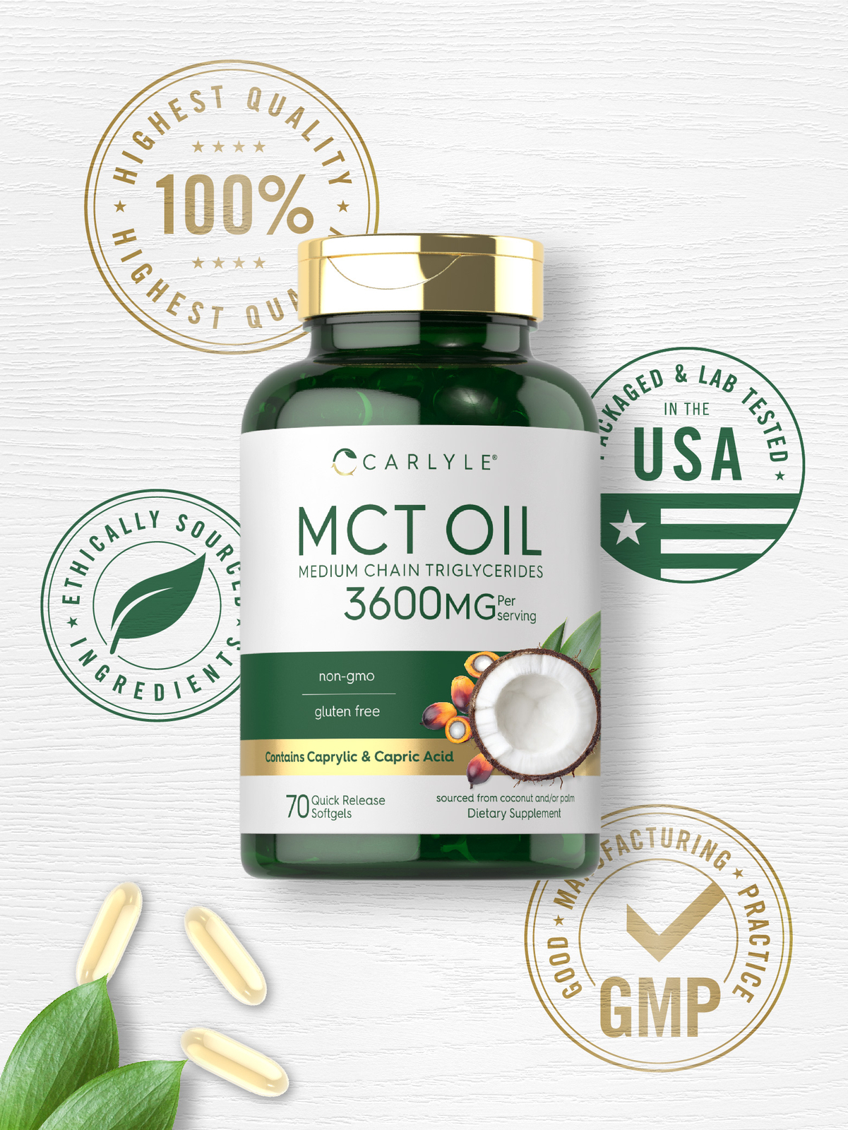 MCT Oil Capsules 3600 mg | 70 Softgels | Keto Coconut Oil Pills | by Carlyle