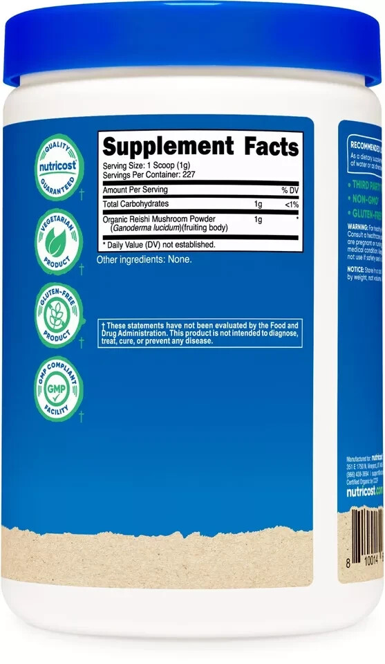 Nutricost Reishi Mushroom Powder ORGANIC 8oz – Non-GMO – GF – EXP 08/2027