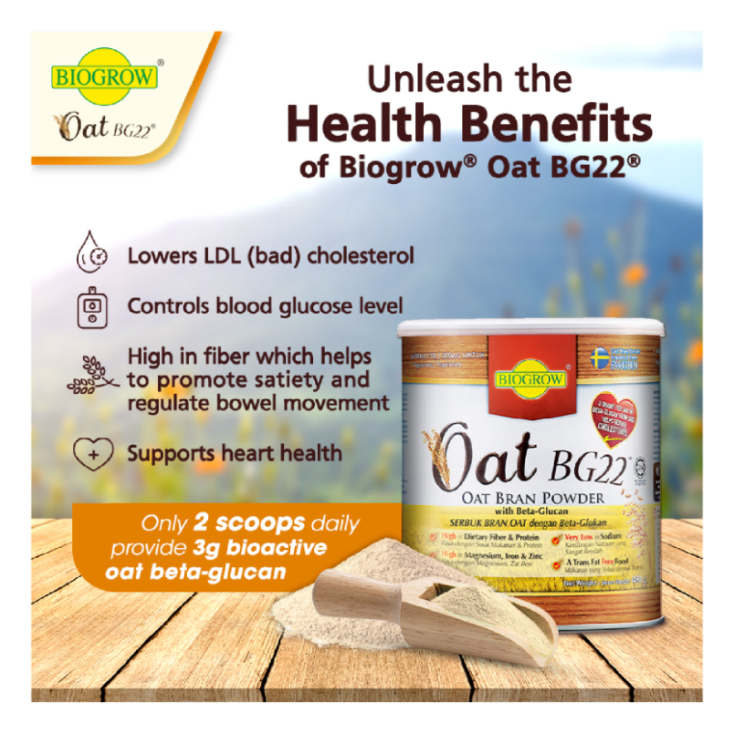 Biogrow Bg22 Oat Beta Glucan Powder 480G X 3 , Lowers Cholesterol Naturally