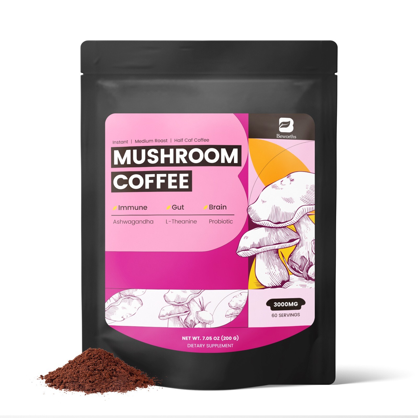 Organic Mushroom Coffee with Lion’s Mane & Chaga – Instant Powder, 60 Servings