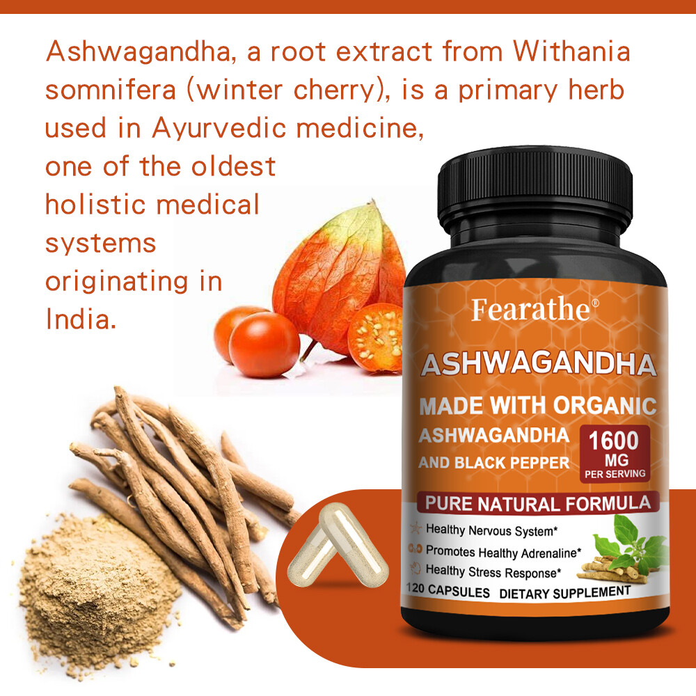 ☀ Organic Ashwagandha Capsules 1600mg with Black Pepper Root Powder