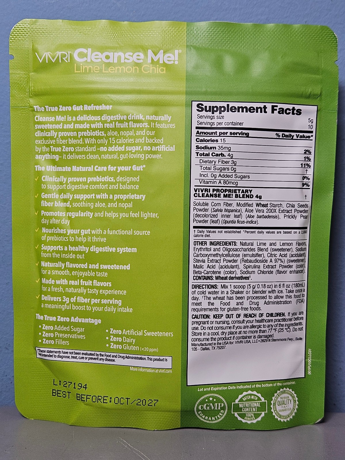 10 Servings VIVRI Cleanse Me Lime Lemon Chia Cleanser – Exp 10/27 – New & Sealed