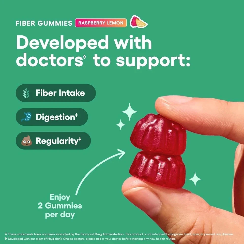 Physician’s Choice Fiber Gummies – Raspberry Lemon – No Sugar Added – 60CT