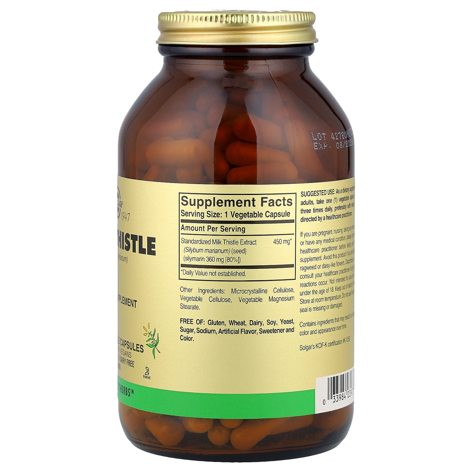 Milk Thistle, 250 Vegetable Capsules (450 mg per Capsule)