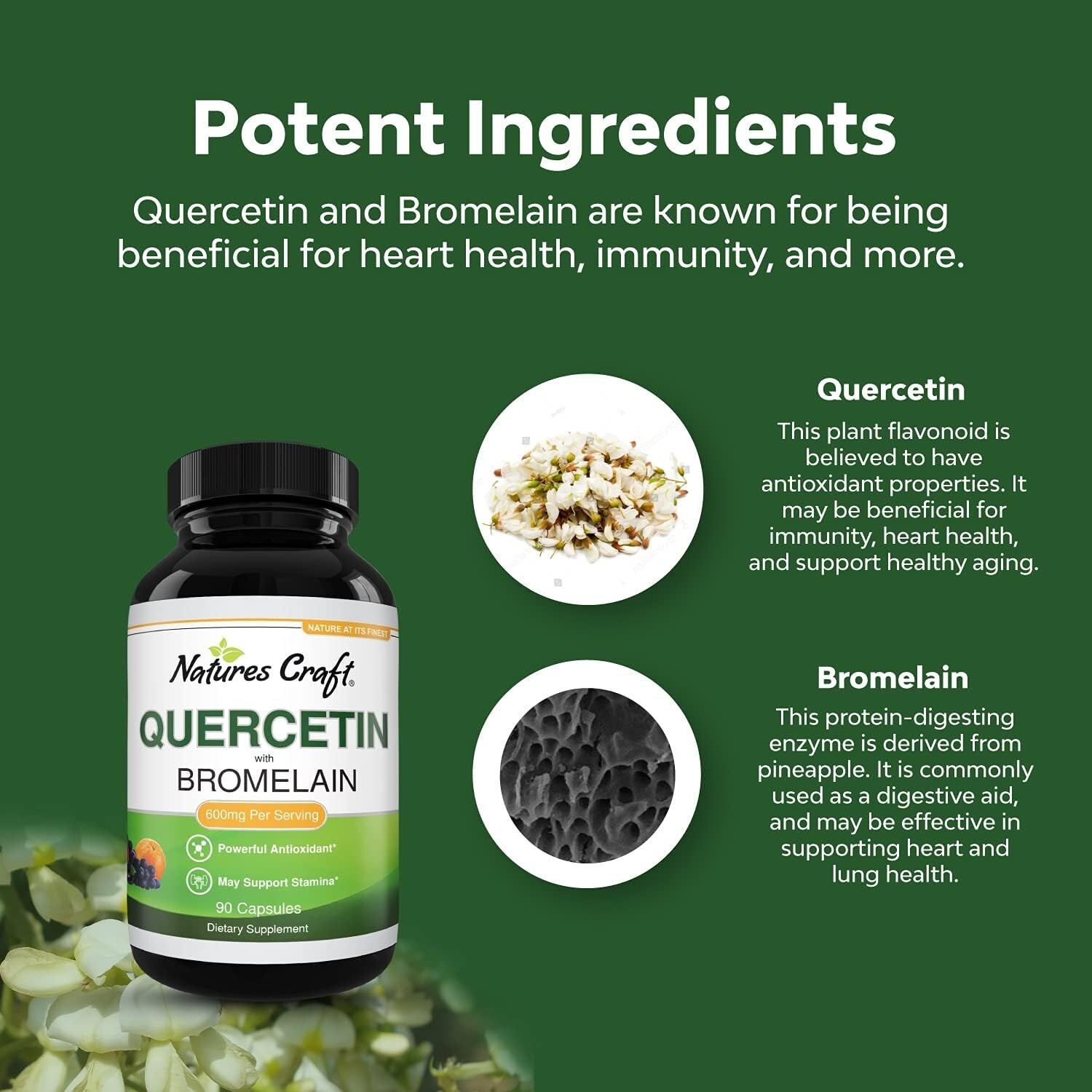 High Strength Quercetin 500mg 90 Capsules Plus 100mg Bromelain (3 Months Supply)