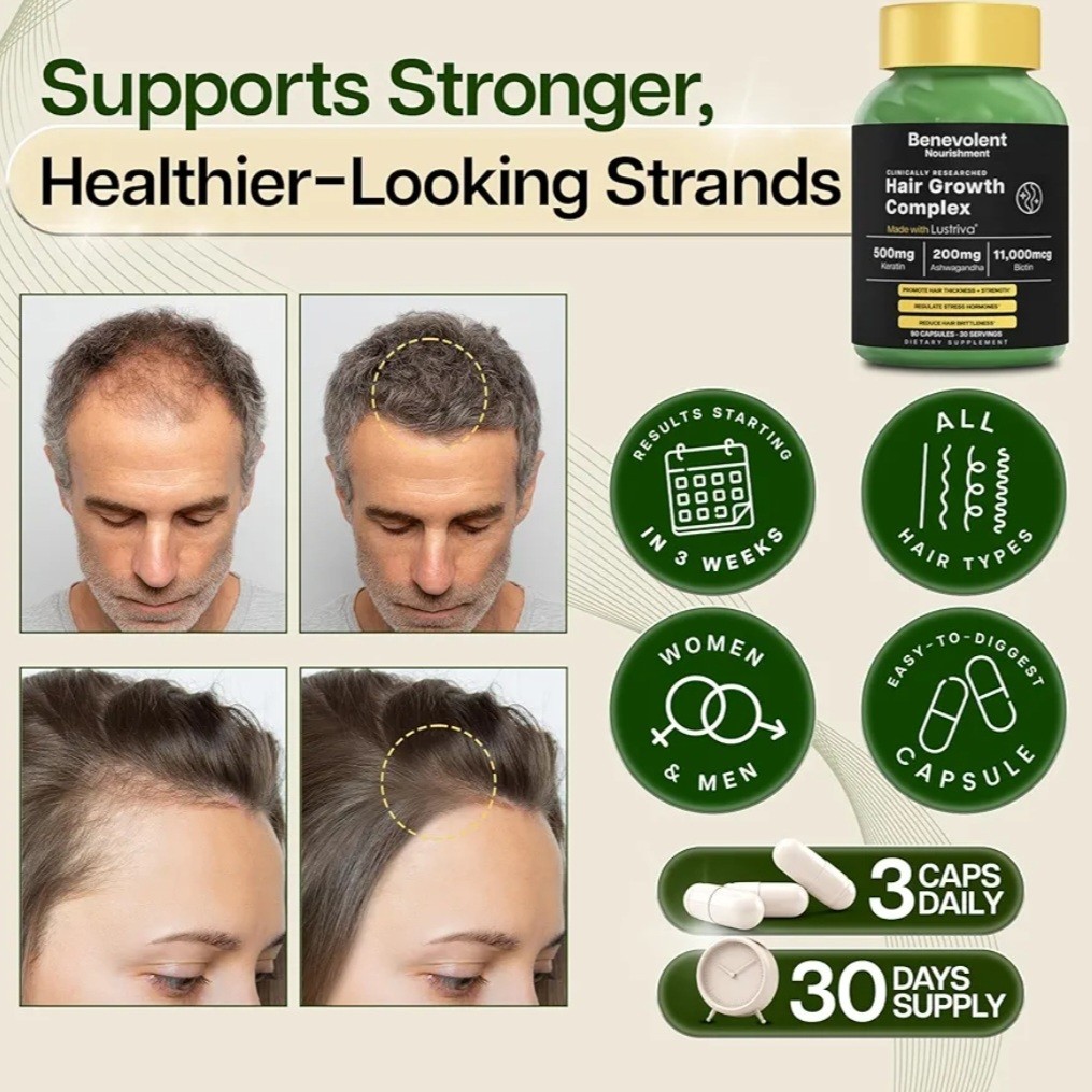 Benevolent Lustriva Hair Growth Supplement Hair Vitamins Keratin Biotin 90 Caps