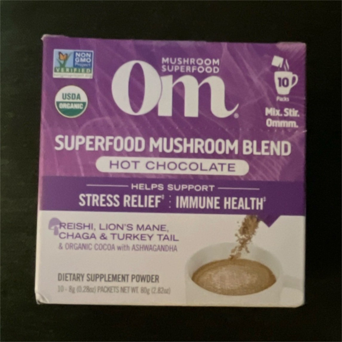 Om Superfood Mushroom Blend Powder Hot Chocolate Reishi Ashwagandha 10 Pack