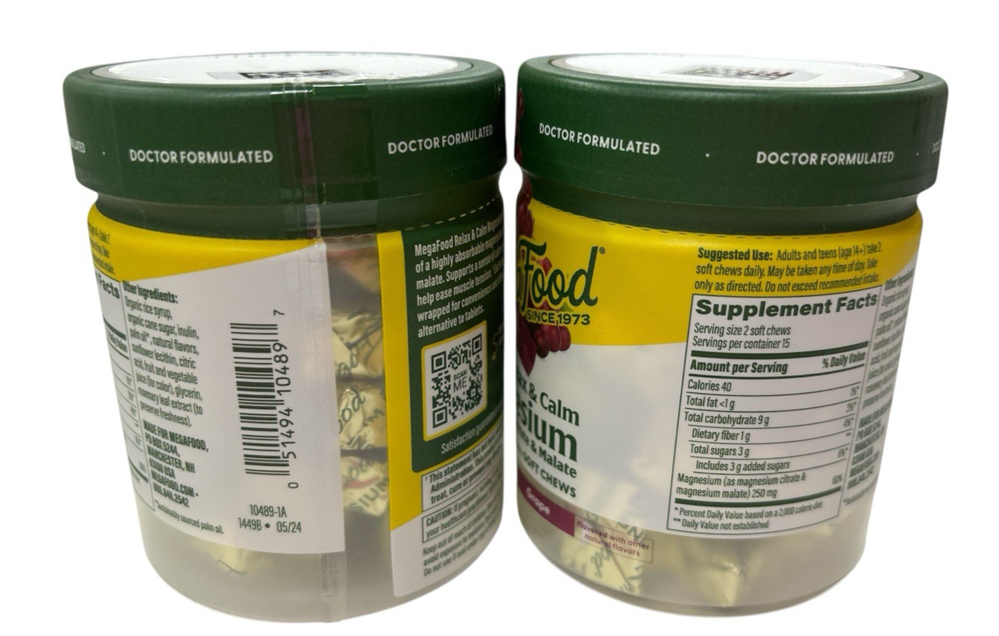 2 (30ct each) MegaFood Relax & Calm Magnesium Grape Soft Chews EXP 8/26
