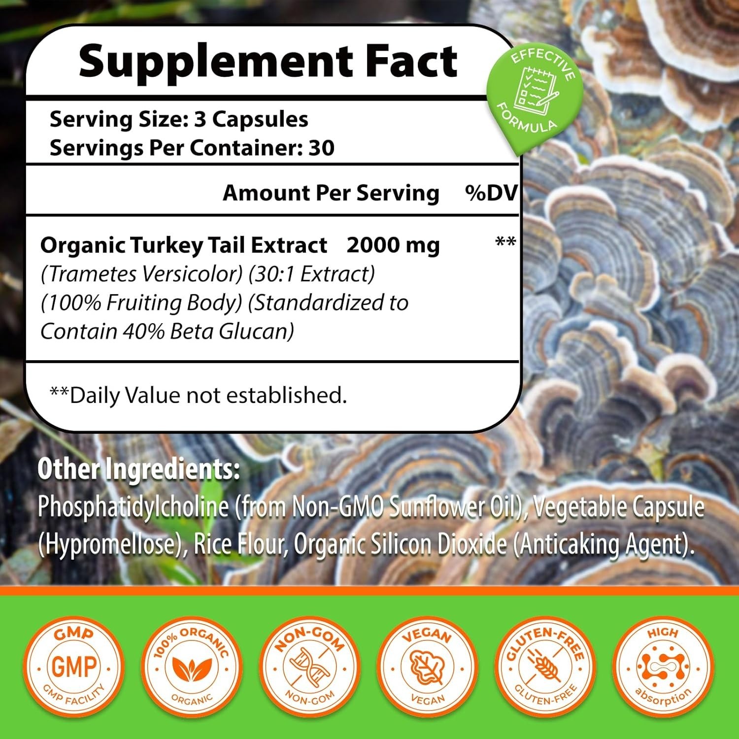 Liposomal Turkey Tail Organic Mushroom Extract Capsules 90 Caps 2000mg- 06/2027