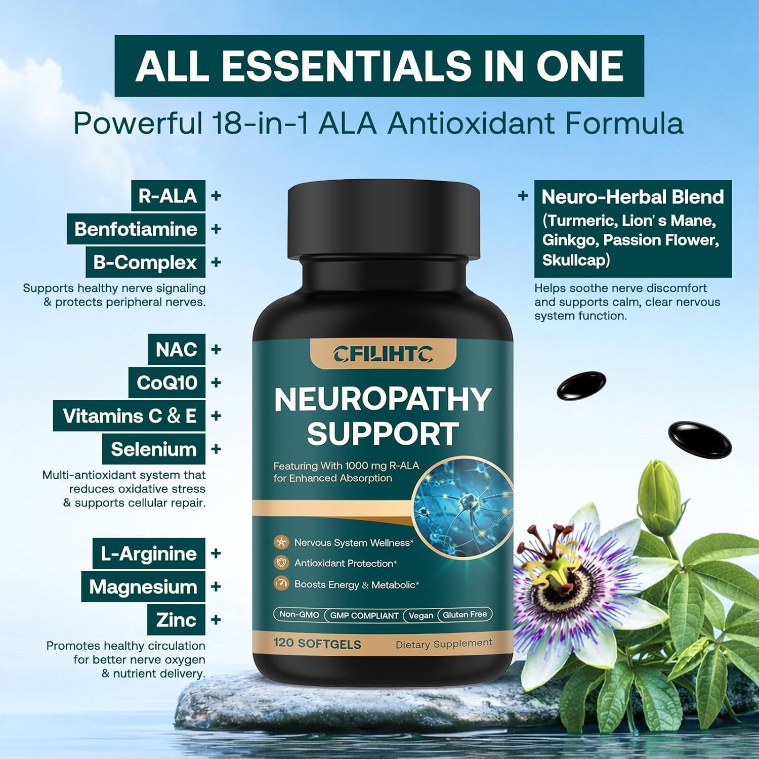 2-Pack Neuropathy Support Alpha Lipoic Acid Benfotiamine NAC B-Complex 120 Each