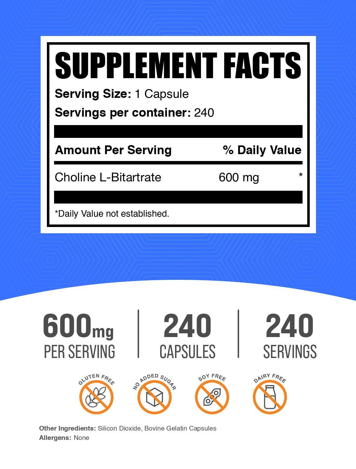 BulkSupplements Choline L-Bitartrate 240 Capsules – 600 mg Per Serving