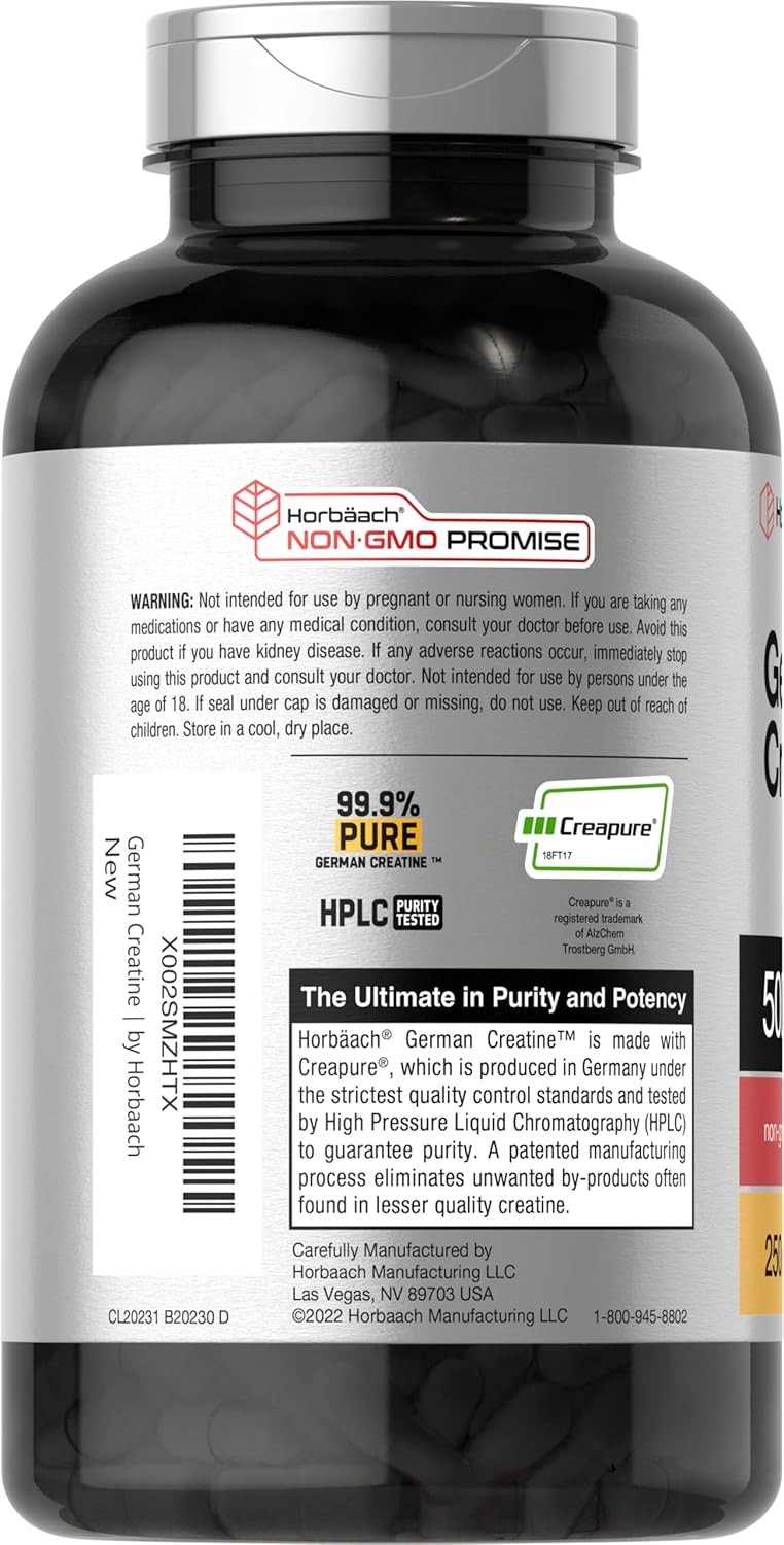 German Creatine Monohydrate 5000mg | 50 Servings | 250 Capsules | by Horbaach