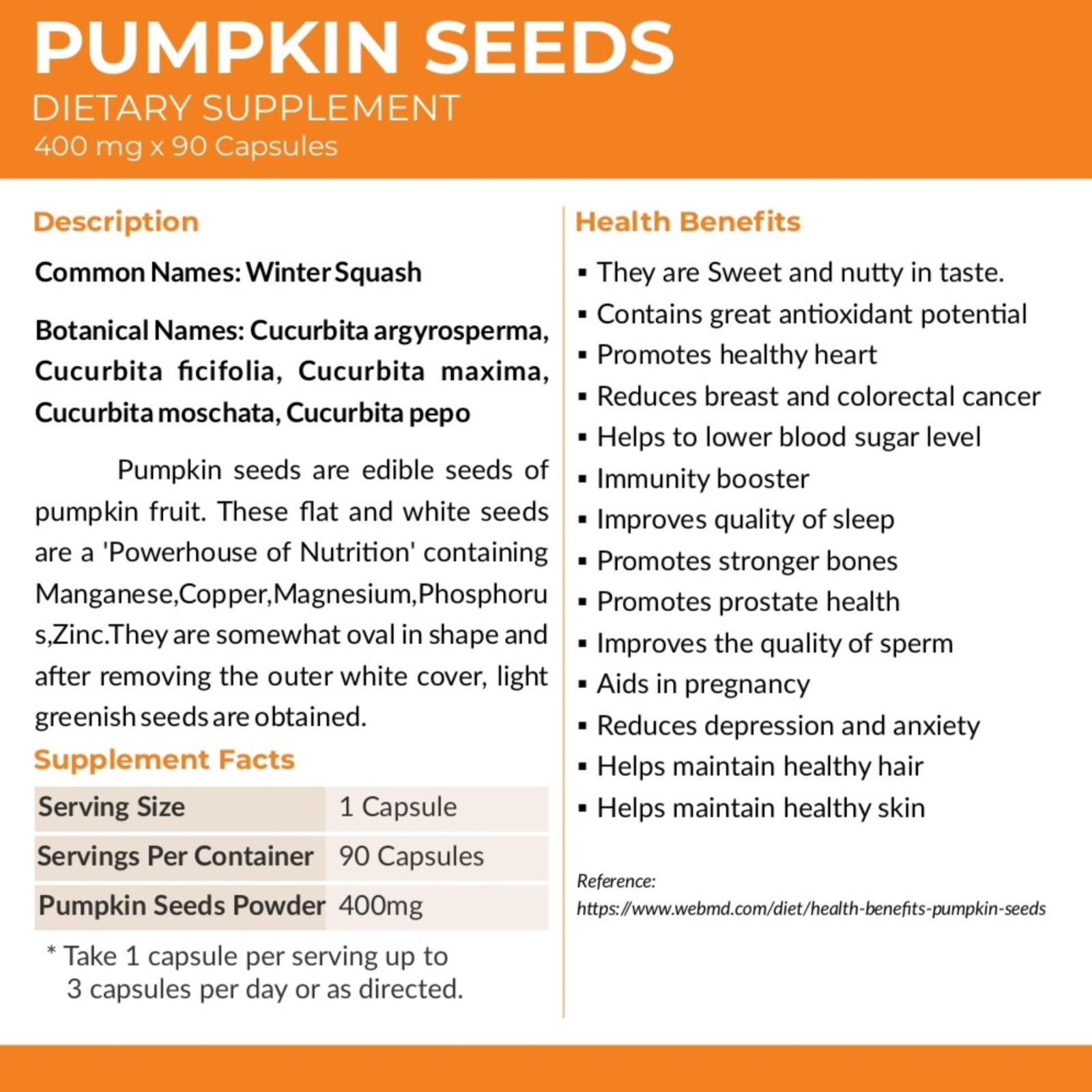 Pumpkin Seed Powder 400 mg x 90 Capsules | Dietary Supplement Made In Sri Lanka