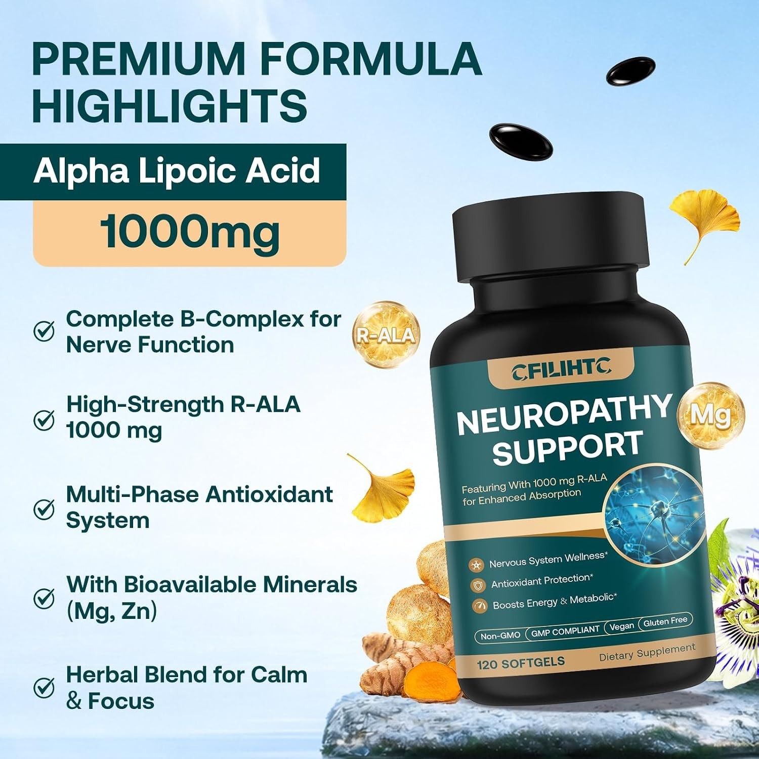 2-Pack Neuropathy Support Alpha Lipoic Acid Benfotiamine NAC B-Complex 120 Each
