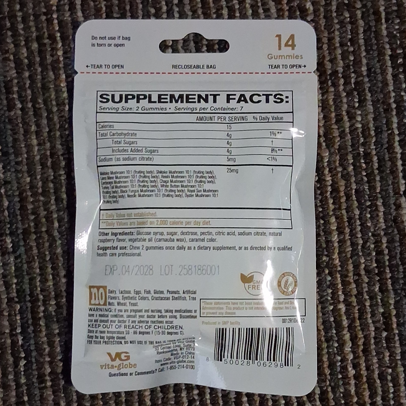 vita-globe Mushroom Complex Gummies 14ct 25mg Memory Focus Brain Support