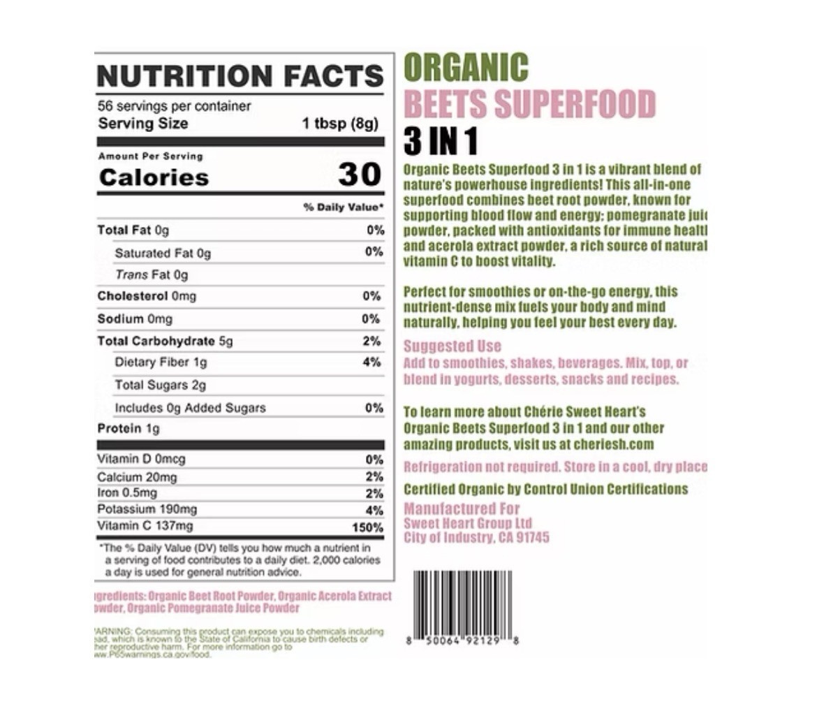 USDA ORGANIC BEETS SUPERFOOD 3 IN 1: BEET ROOT.ACEROLA EXTRACT.POMEGRANATE JUICE