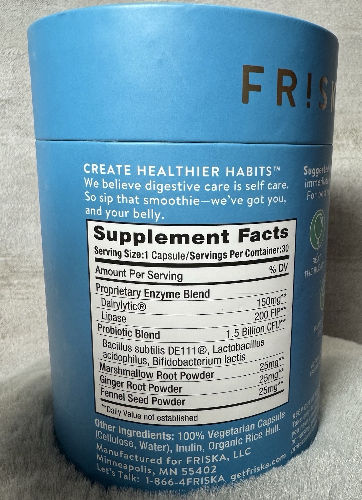 FRISKA Dairy Ease Digestive Support Enzyme + Probiotic 30 Capsules Exp 07/2026