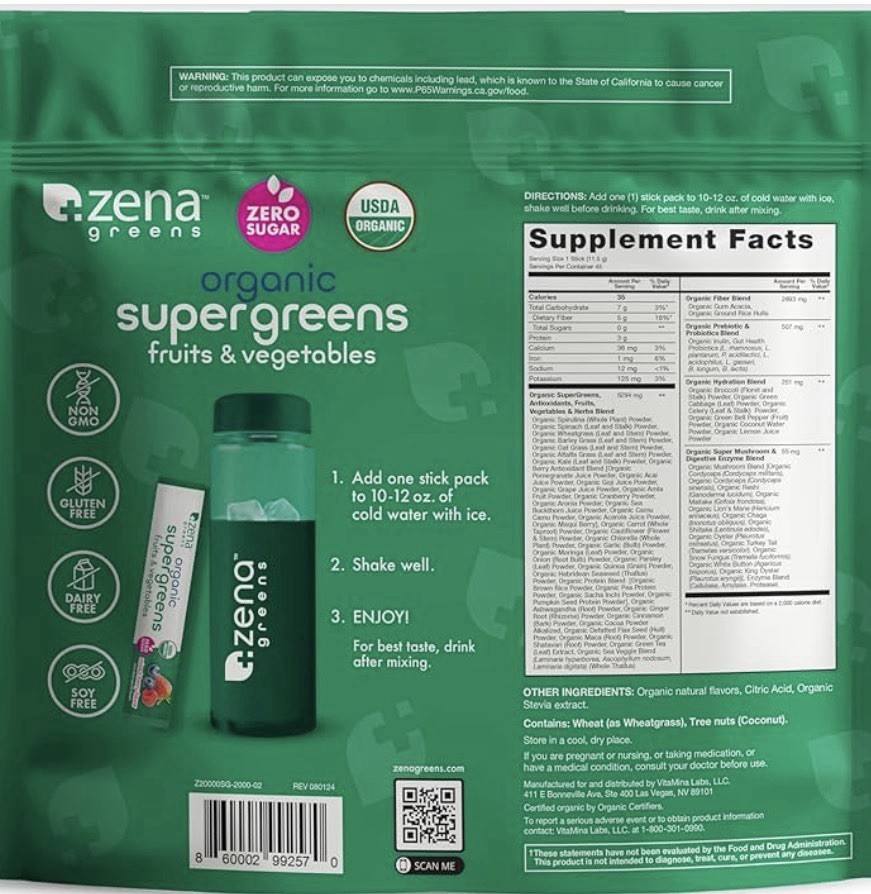 Zena Nutrition Organic Supergreens Powder Zero Sugar Non-GMO Mixed Berry