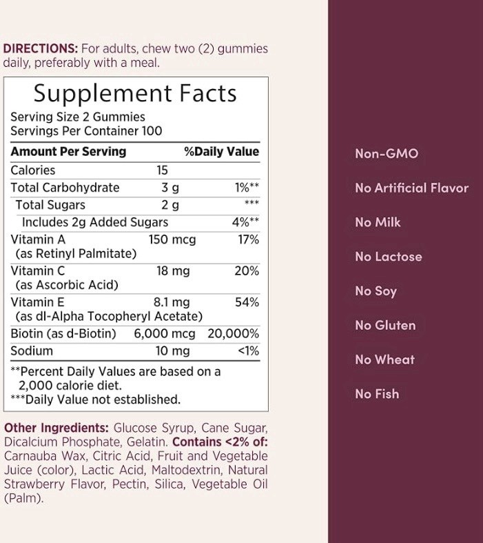 Nature’s Bounty Hair Skin & Nails Gummies 6000mcg Biotin 200 Strawberry Non-GMO