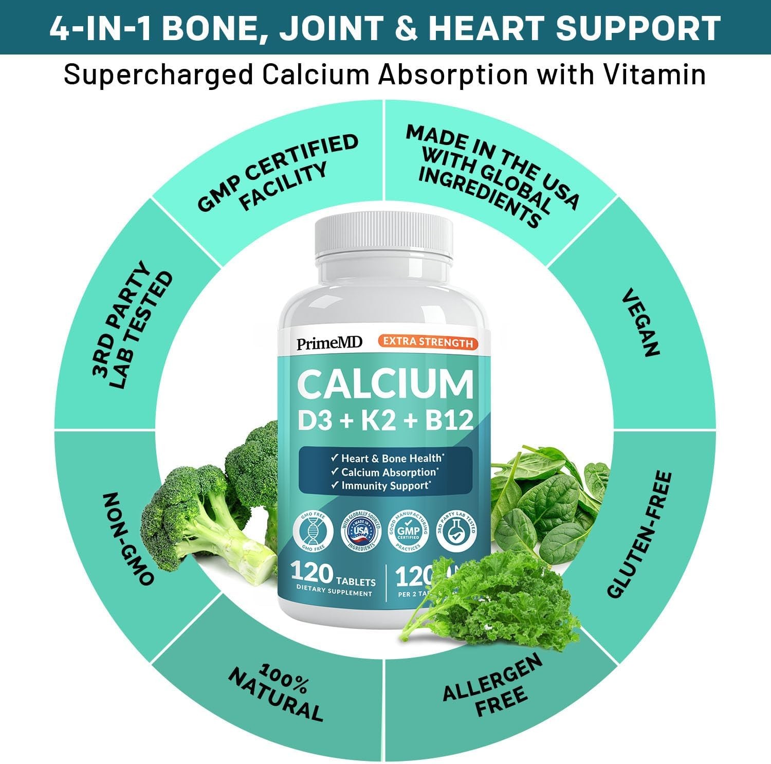 4-in-1 Calcium 1200 mg with Vitamin D3 K2 – Extra Strength Calcium Supplements f