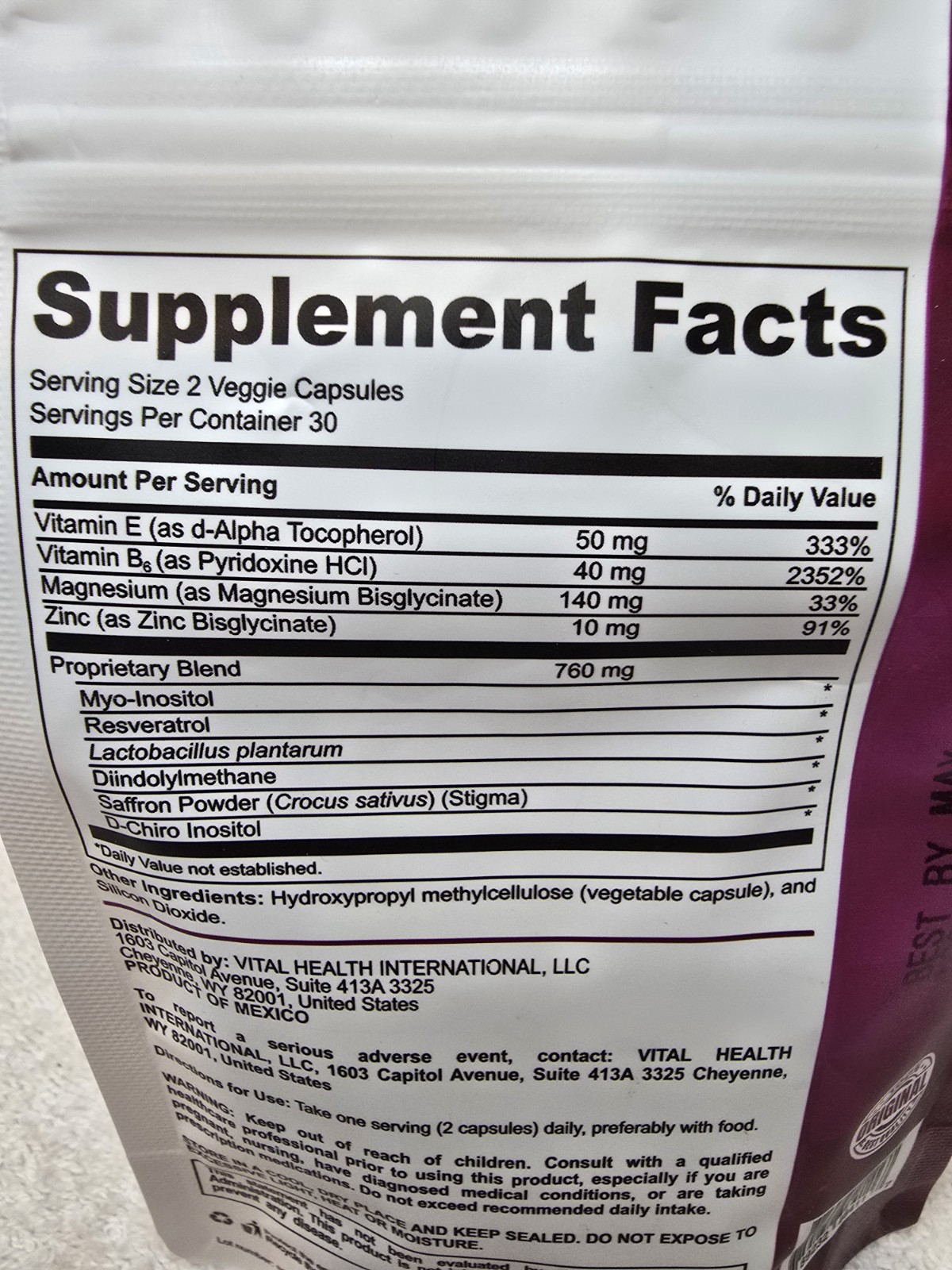 VitalHealth V-Harmony Myo-Inositol Resveratrol D-Chiro 60 Caps Non-GMO 605mg