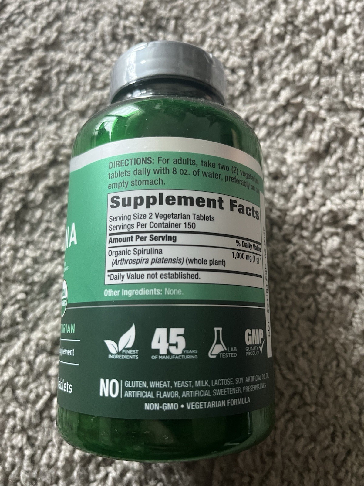 Piping Rock Organic Spirulina 1000mg Tablets Non-GMO USDA Organic Vegetarian 300